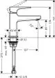 Hansgrohe Wasserhahn mit Hebelgriff, für Kaltwasser oder vorgemischtes Wasser, ohne Ablaufgarnitur. Technische Zeichnung mit Abmessungen und Details zum Einbau.